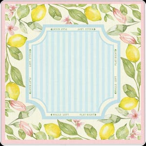 Full flat-lay product image clearly displaying the lemon artwork, botanical border, pastel color palette, striped center play area, and square format.