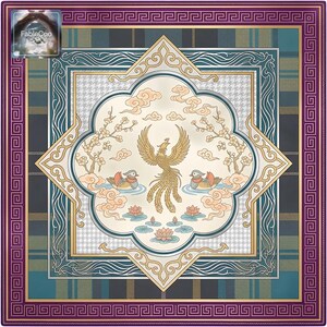Artistic phoenix-inspired design variation with a central bird motif, lotus details, blossoms, and layered geometric borders in muted teal, plum, gold, peach, and ivory tones for a refined decorative tabletop look.
