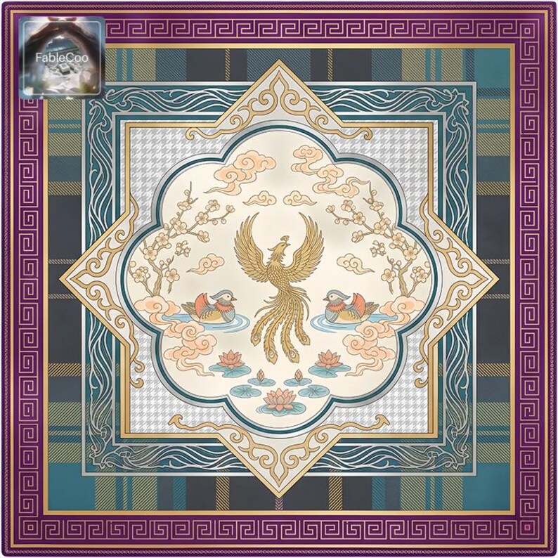 Artistic phoenix-inspired design variation with a central bird motif, lotus details, blossoms, and layered geometric borders in muted teal, plum, gold, peach, and ivory tones for a refined decorative tabletop look.