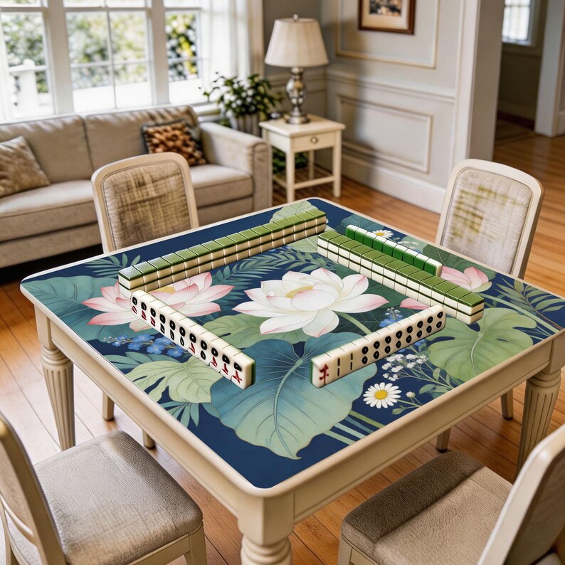 Decorative square game mat shown in use with mahjong tiles, highlighting the spacious playing area and elegant pond garden floral design.