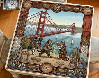Cat Travel Bridge Mahjong Mat, Golden Gate Art Game Table Pad, Waterproof Non-Slip Cover