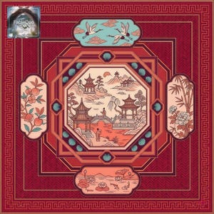 Warm red Asian-style scenic mahjong mat design featuring a classical garden lake scene, elegant pavilion architecture, flying cranes, floral side panels, lotus pond detail, and bold geometric framing in a festive red palette.