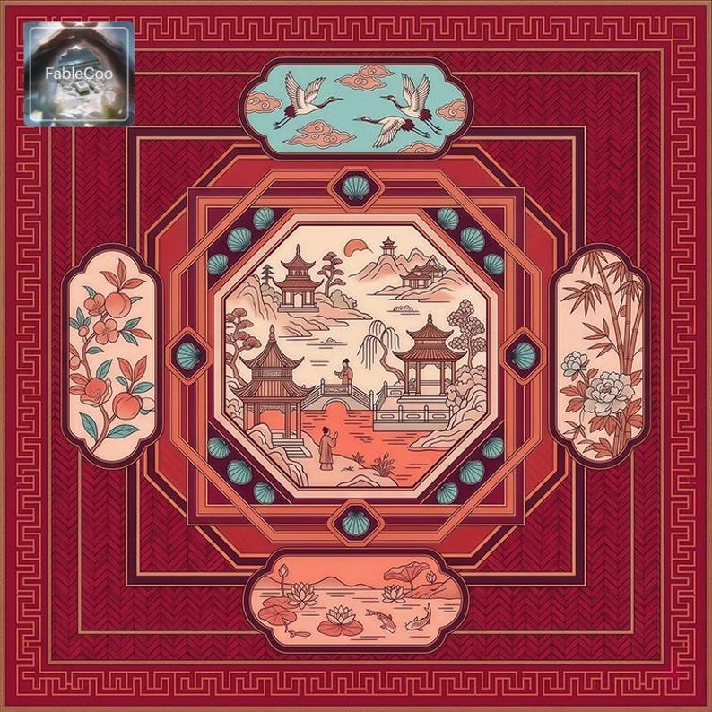 Warm red Asian-style scenic mahjong mat design featuring a classical garden lake scene, elegant pavilion architecture, flying cranes, floral side panels, lotus pond detail, and bold geometric framing in a festive red palette.