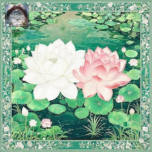 Original lotus pond artwork featuring two oversized blooming lotus flowers in white and blush pink surrounded by layered green lotus leaves, soft rippling water, small blossoms, and an ornate floral frame in fresh green and ivory tones.