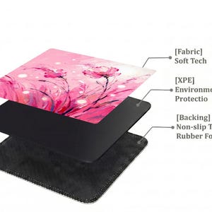 Layered construction display of the mahjong mat showing the printed fabric top, cushioned inner layer, and non-slip rubber backing.