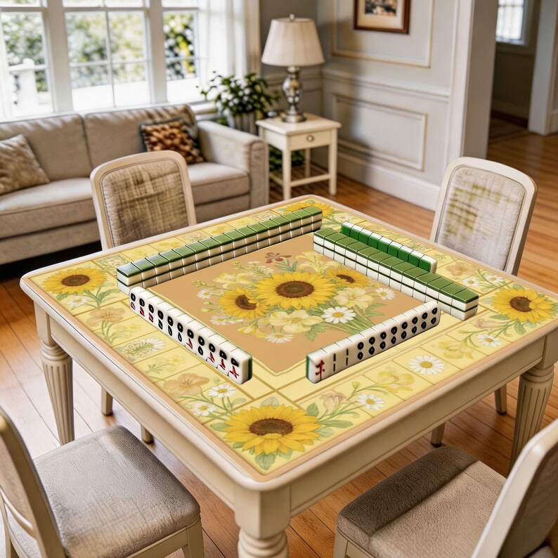May include: A cream-colored mahjong table with a sunflower design on the tabletop, surrounded by four matching chairs. The table is set with green and white mahjong tiles, ready for play. The table is approximately 36 inches square.