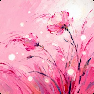 Close-up artwork view featuring pink lotus-inspired flowers with painterly strokes and glowing accents.