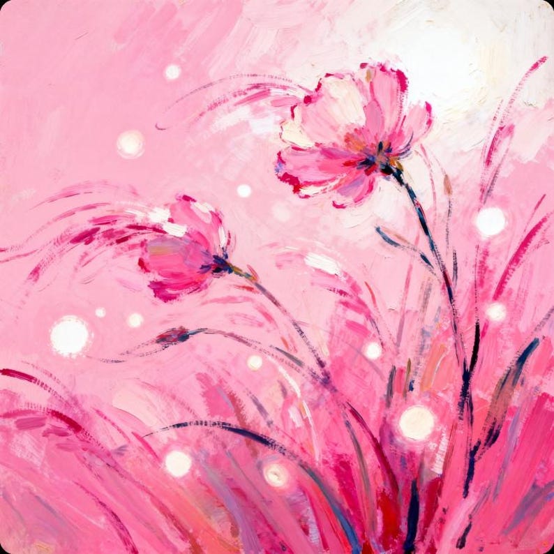 Close-up artwork view featuring pink lotus-inspired flowers with painterly strokes and glowing accents.