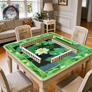 Lotus pond game mat shown in use with mahjong tiles, highlighting the spacious square playing area and the calming botanical composition with blooming white lotus flowers, broad green leaves, and reflective water details.