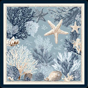 Close-up product view of the ocean coral pattern, highlighting blue coral branches, starfish details, shells, and framed border accents.