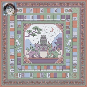 Soft pastel oriental mahjong mat design with celestial observatory theme, featuring mythical creatures, cranes, moon, stars, clouds, and muted lavender, sage, peach, and cream tones for a dreamy artistic look.