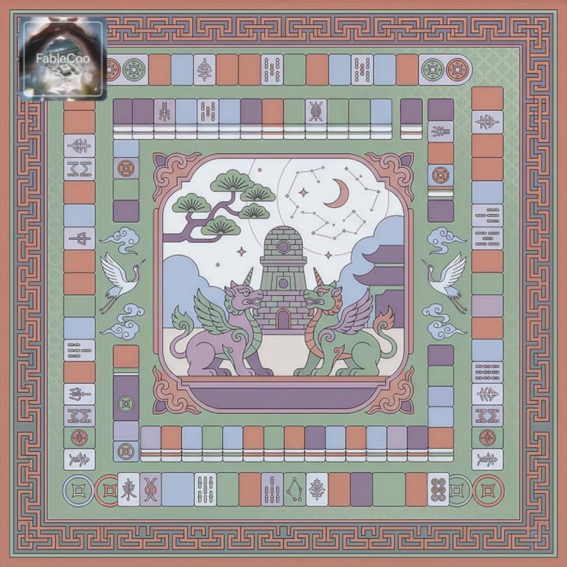 Soft pastel oriental mahjong mat design with celestial observatory theme, featuring mythical creatures, cranes, moon, stars, clouds, and muted lavender, sage, peach, and cream tones for a dreamy artistic look.