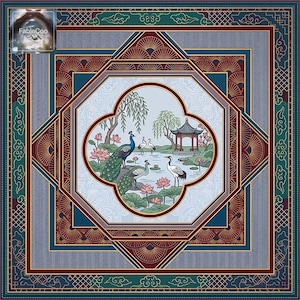 Original square game mat design featuring a tranquil oriental waterside scene with peacocks, cranes, lotus blossoms, willow branches, pavilion architecture, and stylized decorative framing in teal, burgundy, slate blue, cream, and gold.