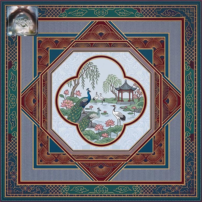 Original square game mat design featuring a tranquil oriental waterside scene with peacocks, cranes, lotus blossoms, willow branches, pavilion architecture, and stylized decorative framing in teal, burgundy, slate blue, cream, and gold.
