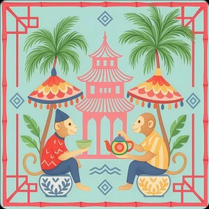 Close-up view of the monkey tropical pattern, showcasing the charming monkeys, palm trees, bright parasols, and mint green background.