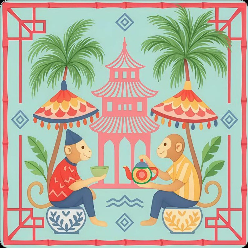 Close-up view of the monkey tropical pattern, showcasing the charming monkeys, palm trees, bright parasols, and mint green background.