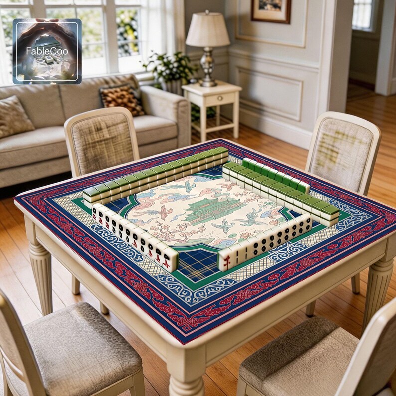 Oriental scenic game mat shown in use with mahjong tiles, highlighting the spacious square playing area, smooth cushioned surface, and elegant artwork featuring a central palace scene, crane motifs, blossom branches, lotus accents, and a refined blue, green, red, and ivory color palette.