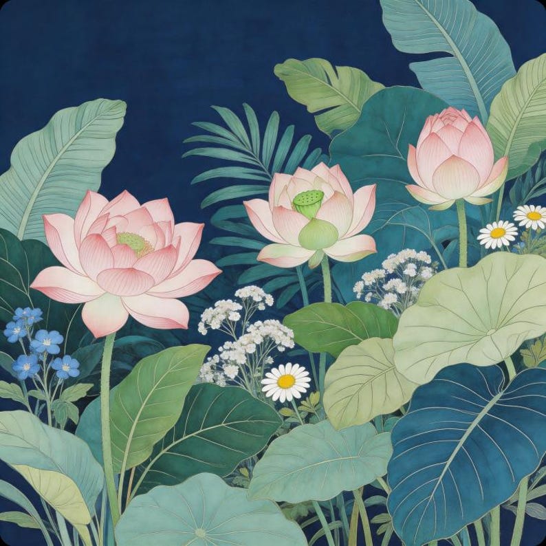 Detailed botanical pattern featuring blooming lotus flowers, layered pond foliage, and soft garden accents for a calm elegant look.
