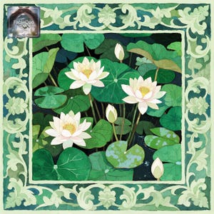 White lotus floral mat artwork with layered lily pads, blooming white flowers, dark water contrast, and an ornate green ornamental border that enhances the refined garden inspired composition.