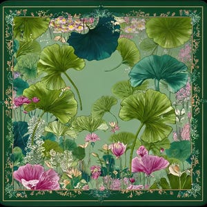 May include: Square scarf with a botanical design featuring large green leaves, pink flowers, and a dark green border. The scarf has a light green background and a detailed floral pattern.