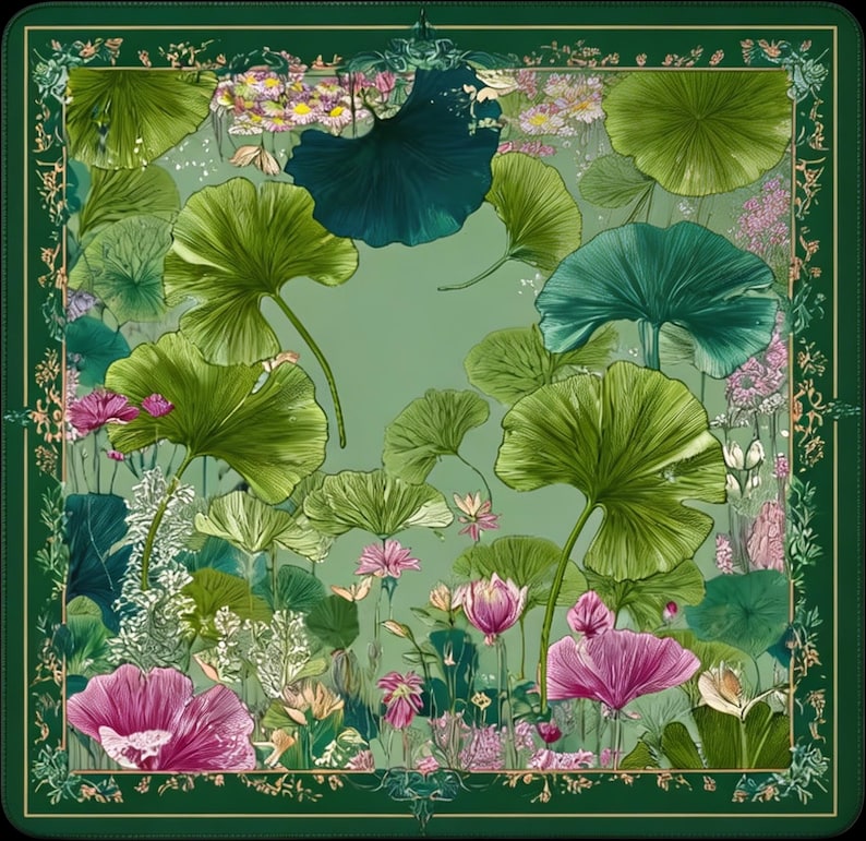 May include: Square scarf with a botanical design featuring large green leaves, pink flowers, and a dark green border. The scarf has a light green background and a detailed floral pattern.