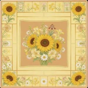 May include: A square decorative tile featuring a floral design. The center showcases a bouquet of sunflowers, daisies, and other white and yellow flowers. The border has sunflowers in each corner and floral accents.