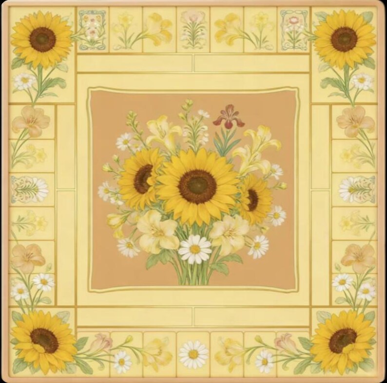 May include: A square decorative tile featuring a floral design. The center showcases a bouquet of sunflowers, daisies, and other white and yellow flowers. The border has sunflowers in each corner and floral accents.