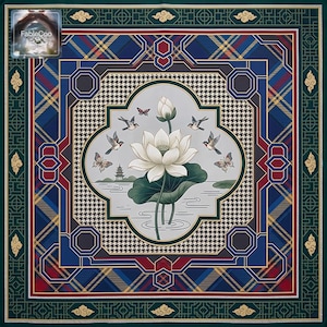 Luxury Asian-style square table mat with lotus flower artwork, geometric borders, and vintage-inspired decorative composition, combining dark green, blue, burgundy, gold, ivory, and pastel floral tones for a refined tabletop presentation.