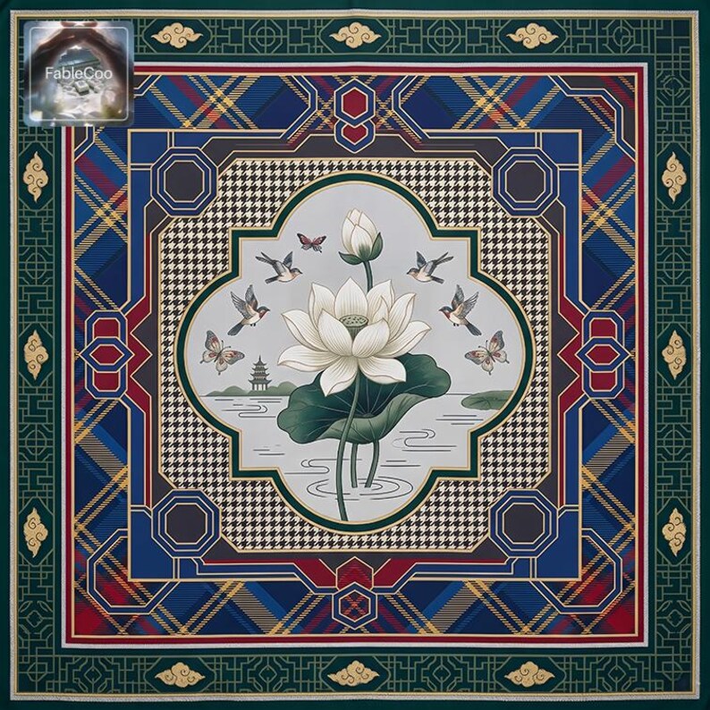 Luxury Asian-style square table mat with lotus flower artwork, geometric borders, and vintage-inspired decorative composition, combining dark green, blue, burgundy, gold, ivory, and pastel floral tones for a refined tabletop presentation.