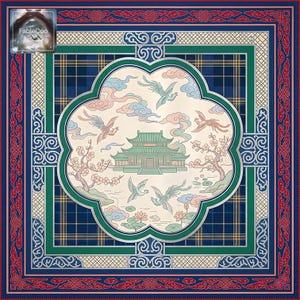 Elegant palace-and-birds oriental mat design with a soft pastel center, featuring a traditional building, blossoms, clouds, flying birds, lotus pond details, and ornate red and blue border patterns for a refined decorative aesthetic.