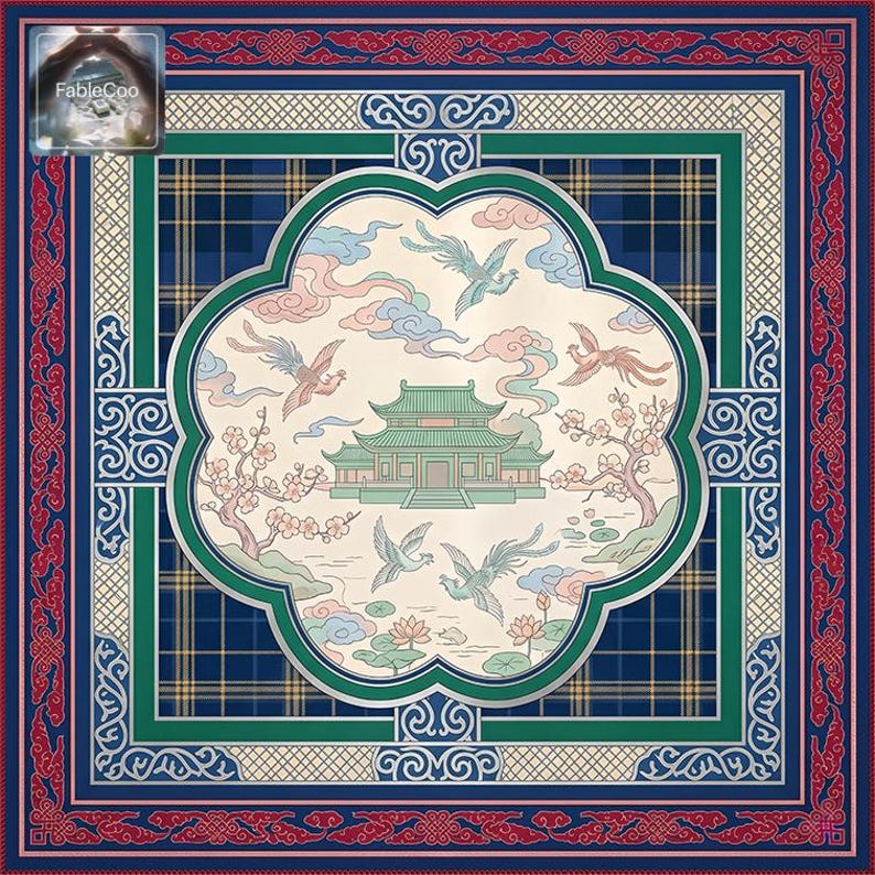 Elegant palace-and-birds oriental mat design with a soft pastel center, featuring a traditional building, blossoms, clouds, flying birds, lotus pond details, and ornate red and blue border patterns for a refined decorative aesthetic.