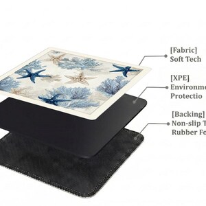 Layered construction display of the mahjong mat showing the printed fabric top, cushioned inner layer, and non-slip rubber backing.