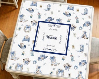 Blue Cowgirl Mahjong Mat, Western Floral Game Table Pad, Noise Reducing Country Style Pad