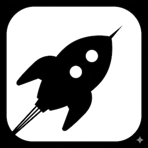 May include: A black and white graphic of a rocket ship. The rocket is black with two white circular windows and a pointed top. The rocket is set against a white background within a rounded square frame.