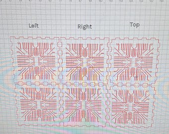May include: A digital design interface displaying six square panels arranged in two rows of three. Each panel features a red, intricate circuit board pattern with interlocking tab edges. The labels Left, Right, Top, Front, Back, and Bottom are visible.
