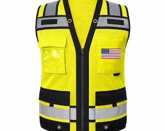 Custom Flag - Yellow Superintendent Vest - High Visibility Reflective Safety Mesh Design with Zipper & Multi Pockets for Construction PPE