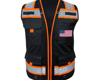 Custom Flag - Superintendent Vest - High Visibility Reflective Safety Mesh Design with Zipper & Multi Pockets for Construction PPE in Black