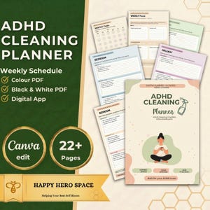 May include: An ADHD cleaning planner with 22+ pages, featuring a weekly schedule, monthly tasks, and room-specific checklists. The cover displays the text ADHD CLEANING Planner, a graphic of a spray bottle, and a person sitting cross-legged.