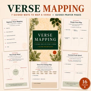 May include: A collection of 16 pages for verse mapping, featuring a central cover page with botanical illustrations and the text Verse Mapping 7 Guided Ways to Study a Verse. Surrounding pages include templates for beginner mapping, simple verse maps, word study wheels, verse over feelings maps, and extended study spreads.