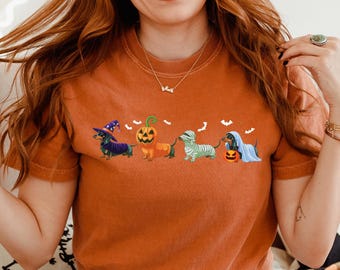 Camiseta Comfort Colors® de Halloween con diseño de perro salchicha, linda camiseta de Halloween con perro fantasma, divertida camiseta de perro salchicha, regalo para la temporada de Halloween.