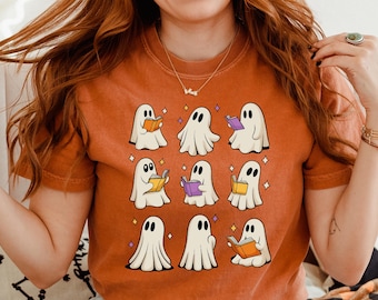 Camiseta con diseño de fantasma leyendo un libro, linda camiseta de Halloween para amantes de los libros, regalo de Comfort Colors®