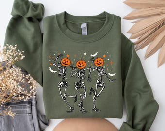 Camiseta de esqueleto bailarín, sudadera con capucha de calabaza de Halloween, suéter de temporada espeluznante