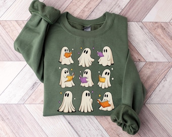 Sudadera retro con estampado de fantasmas leyendo libros, sudadera con capucha de Halloween para profesores, regalo para bibliotecarios.