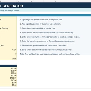 May include: A digital spreadsheet template titled Driver Invoice & Receipt Generator. The layout features blue headers, yellow input cells for business details, and a service list with default rates. Instructions for use are listed on the right side.