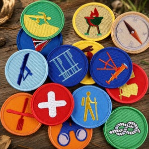 May include: A collection of embroidered patches with various outdoor and activity-themed designs. The patches feature images of a compass, a grill, a skier, a hiker, and a knot, among others. The patches are round with colorful borders and detailed stitching.