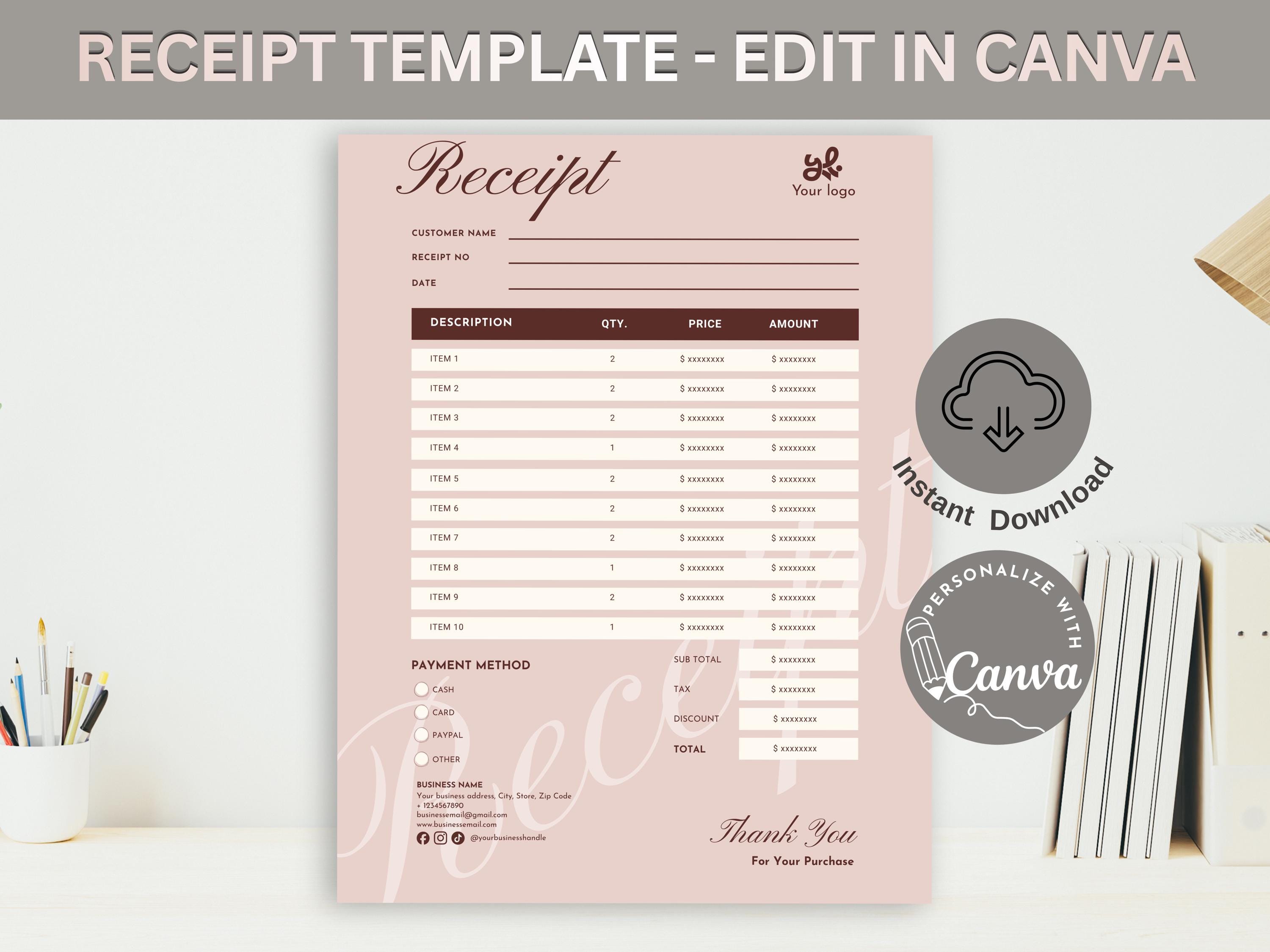 Receipt Editable Mini Editable Receipt Template Canva, Minimalist Pink Sales Receipt for ...
