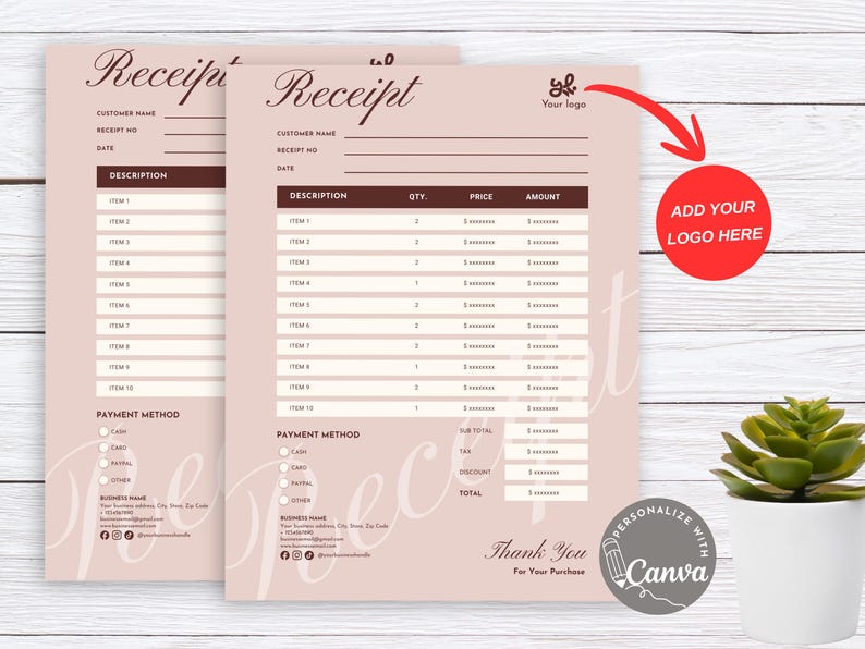 Editable Receipt Template Canva, Minimalist Pink Sales Receipt for ...