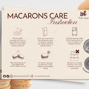 May include: A beige card with "MACARONS CARE Instruction" text and illustrations detailing macaron storage and handling. Includes a logo, social media handles, and a "Personalize with Canva" button.