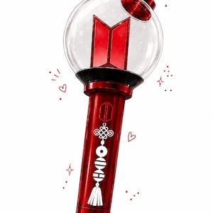 May include: Illustration of a red and white light stick. The light stick features a clear, spherical top with a red logo inside. The handle is red with white decorative elements. The top has a removable red cap. Hearts and stars are drawn around the light stick.