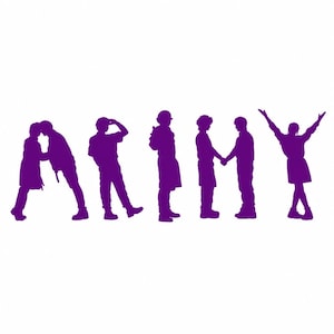 Könnte beinhalten: Ein violettes Grafikdesign, das das Wort ARMY zeigt, buchstabiert durch Silhouetten von Personen in verschiedenen Posen. Der Buchstabe A wird von zwei einander zugewandten Personen gebildet, das R von einer Person, das M von zwei Händchen haltenden Personen.